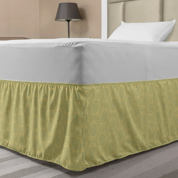 Arabesque Bed Skirt, Floral Theme Abstract Arabic Flowers Patterns Oriental Design, Elastic Bedskirt Dust Ruffle Wrap Around for Bedding Decor, 4 Sizes, Khaki Peacock Green, by Ambesonne