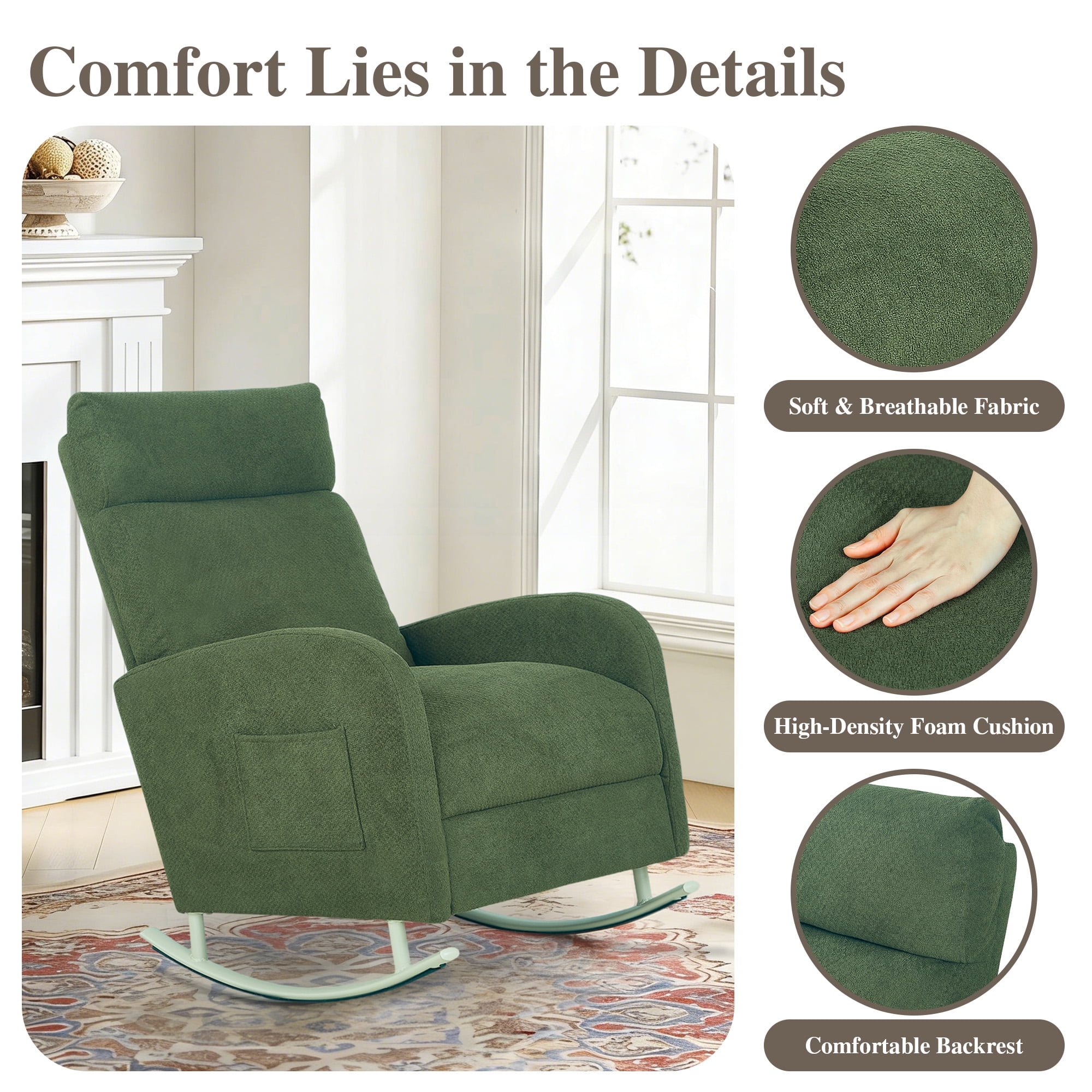 Parlor Dream Modern Chenille Rocking Chair for Living Room,Glider Chair for Nursery, with Side Storage Pocket & Metal Base, 300 lbs Capacity