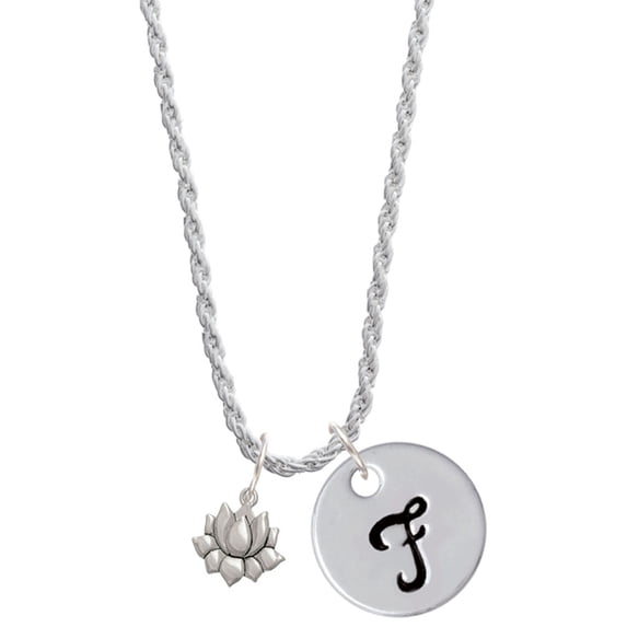 Delight Jewelry Silvertone Mini Lotus Silvertone Script Initial Disc - F - Charm Necklace, 20"+3"