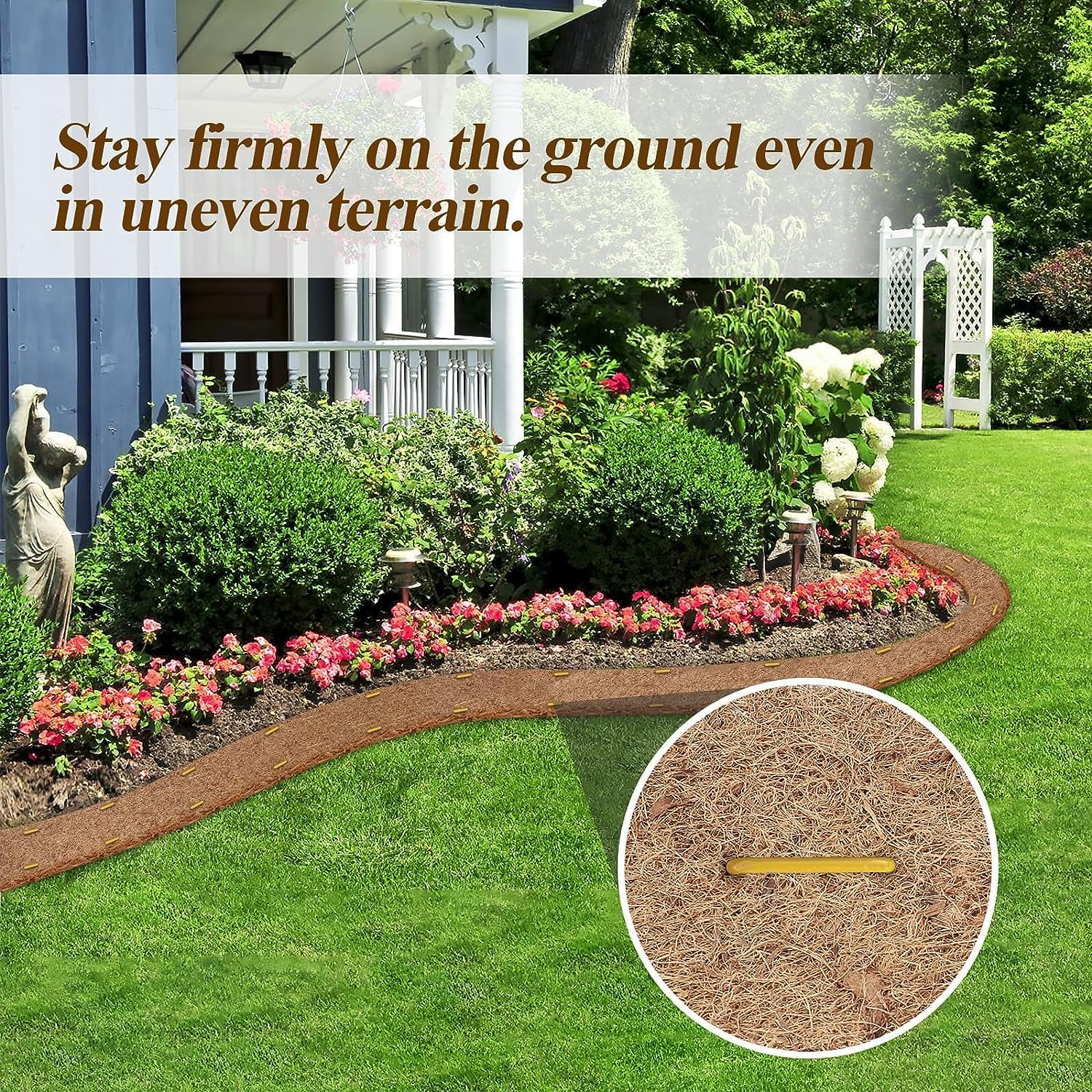 Natural Coconut Mulch Roll for Landscaping 118" L x 7.8“ W Garden Edging Border Mat with 50 Pcs U-Shaped Steel Stakes, Natural Looking Permanent Garden Mulch Barrier for Plants Vegetables & Flowers