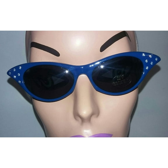 Blue 1950's Cateye Cat Eye Glasses with Rhinestones Dark Lens Sunglasses