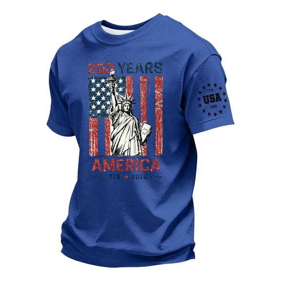 Zimjoy Men's 250th Anniversary 4th of July T-Shirt Patriotic Liberty Statue American Flag Short Sleeve Crew Neck Casual Summer Tee Blue L