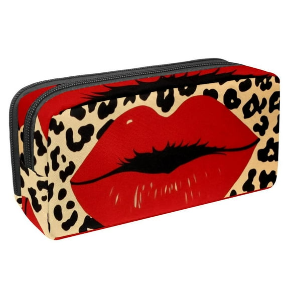 PhooArto Pencil Case, Leopard Print and Red Lips Large Capacity Pencil Pouch Stationery Pen Bag