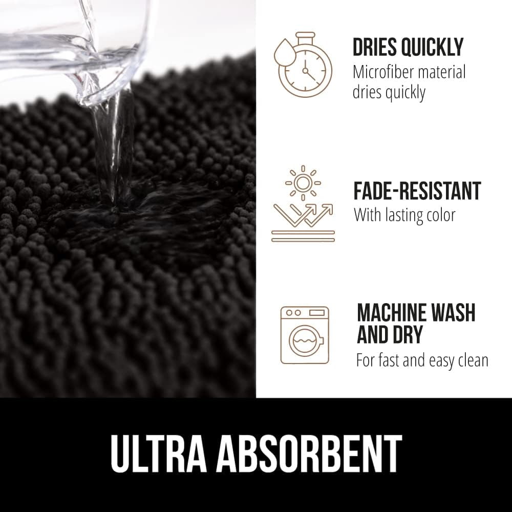 Bath Rug 30x20, Thick Soft Absorbent Chenille, Rubber Backing Quick Dry Microfiber Mats, Machine Washable Rugs for Shower Floor, Bathroom Runner Bathmat Accessories Decor, Black