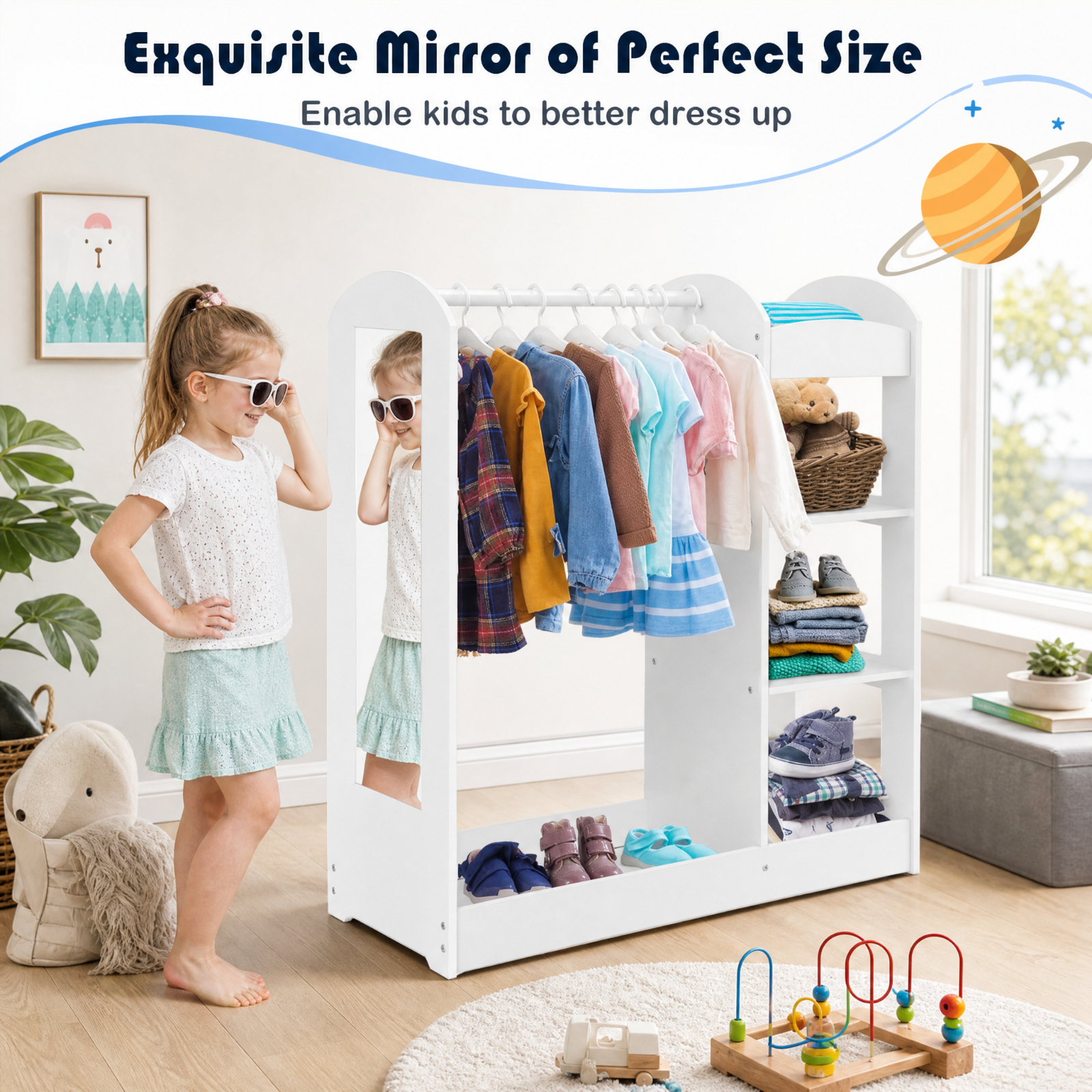 Furnibear Kids Dress Up Storage with Mirror, Costume Wardrobe Closet Organizer with Hanging Rod and Open Shelves for Kids Bedroom Playroom, White