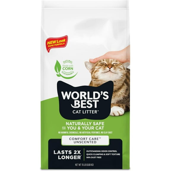 Worlds Best Cat Litter Comfort Care Unscented Natural Ingredients, Quick Clumping, Flushable, 99% Dust Free, Long-Lasting Odor Control & Easy Scooping, 15 lb Bag