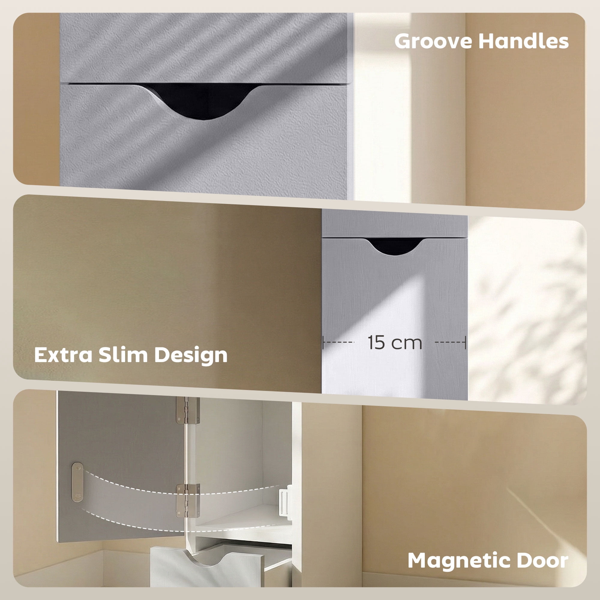 HOQBN 54" Tall Bathroom Storage Cabinet, Linen Tower with Shelf and Drawers, Narrow Side Floor Organizer, Grey and White