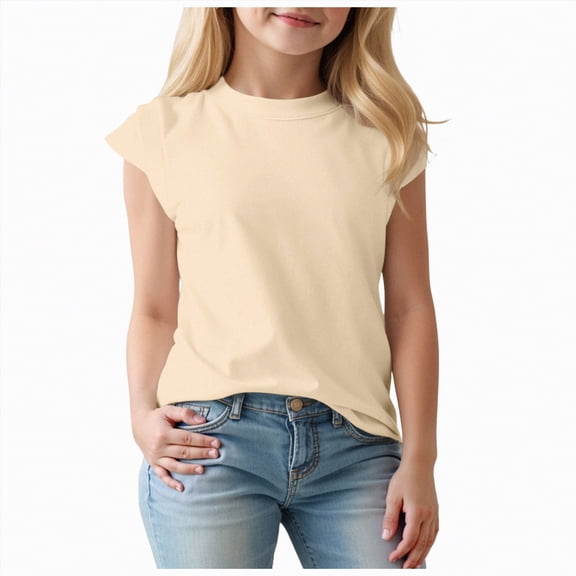 Gubotare Tops for Girls Toddler Girls Short Sleeve Shirts Pleated Neck T-Shirts Baby Girl Summer Tee Tops 1T 2T (Beige,1-2 Years)
