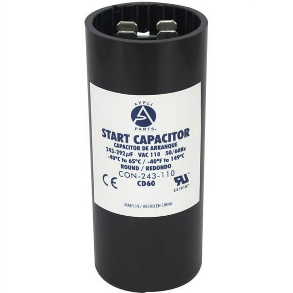 Appli Parts motor start capacitor 243-292 Mfd (microfarads) uF 110-125 VAC universal fit for electric motor applications 1-7/16 in Wide 3-3/8 in Height CON-243-110