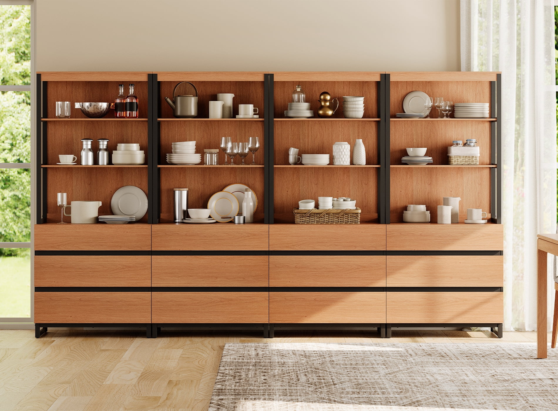 WAMPAT 4 PCS Modern 72" Tall Bookcase with 12 Drawers and Open Book Shelfs, Library Book Shelf with Storage Cabinet and Metal Base, Wood Freestanding Bookshelves for Home Office, Living Room, Mocha