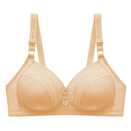 SMihono Lace Embroidery Daisy Bras for Older Women Comfortable Bra for Seniors Adjustable Strap Push Up Bras for Elderly No Wire Bralettes Khaki 44/100