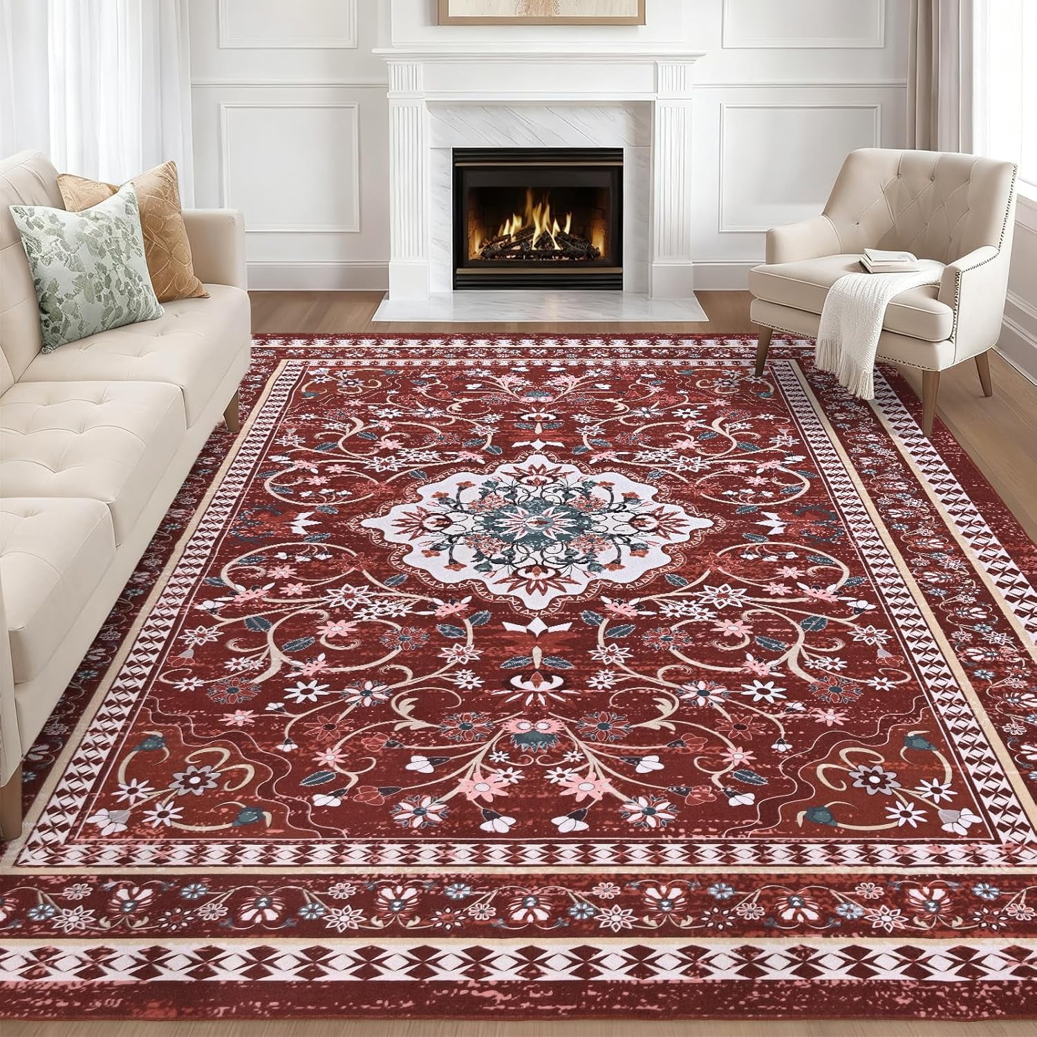 Bleum Cade 8'x10' Area Rugs for Living Room, Washable Rugs Vintage Rugs for Bedroom Dinning Room,Boho Floral Rug Ultra Soft Non Slip Durable Large Carpet Home Decor, Red