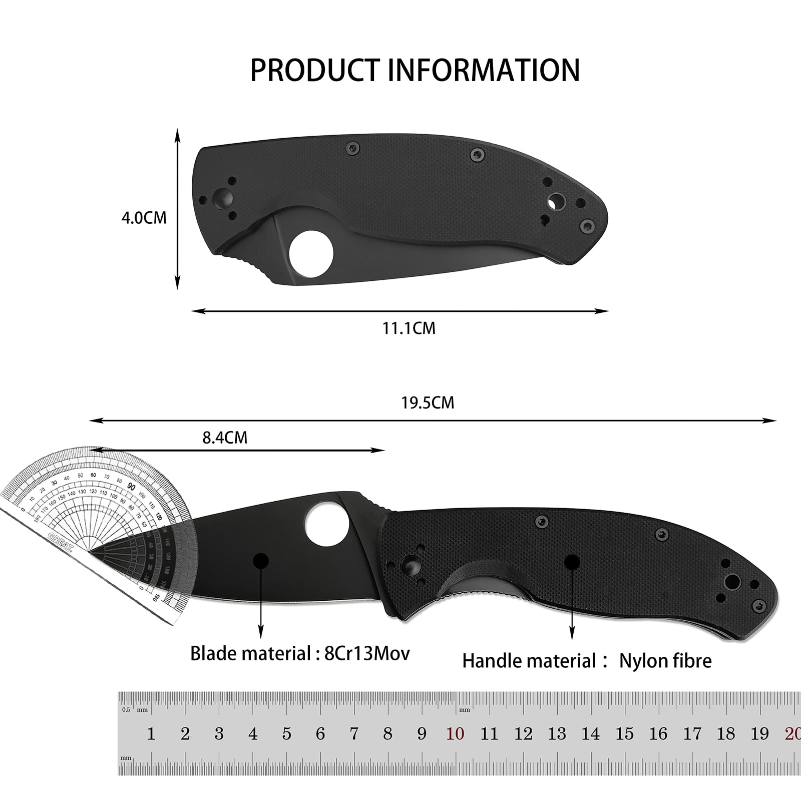 7.68’ Folding Pocket Knife with 8Cr13Mov Blade and Durable Black G-10 Handle