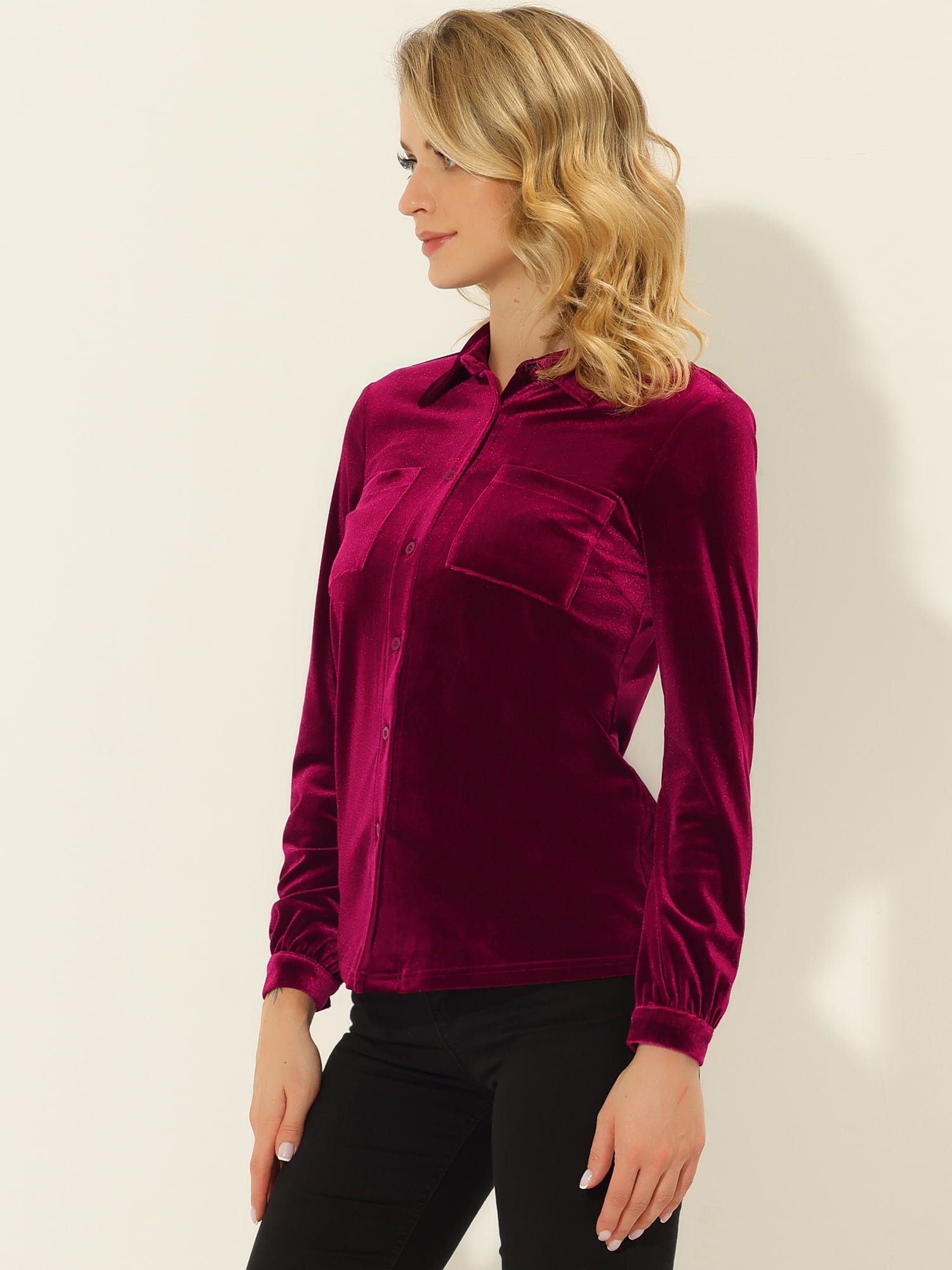 DARING DIVA Women's Office Pocket Front Long Sleeve Button Down Velvet Shirt L Wine Red