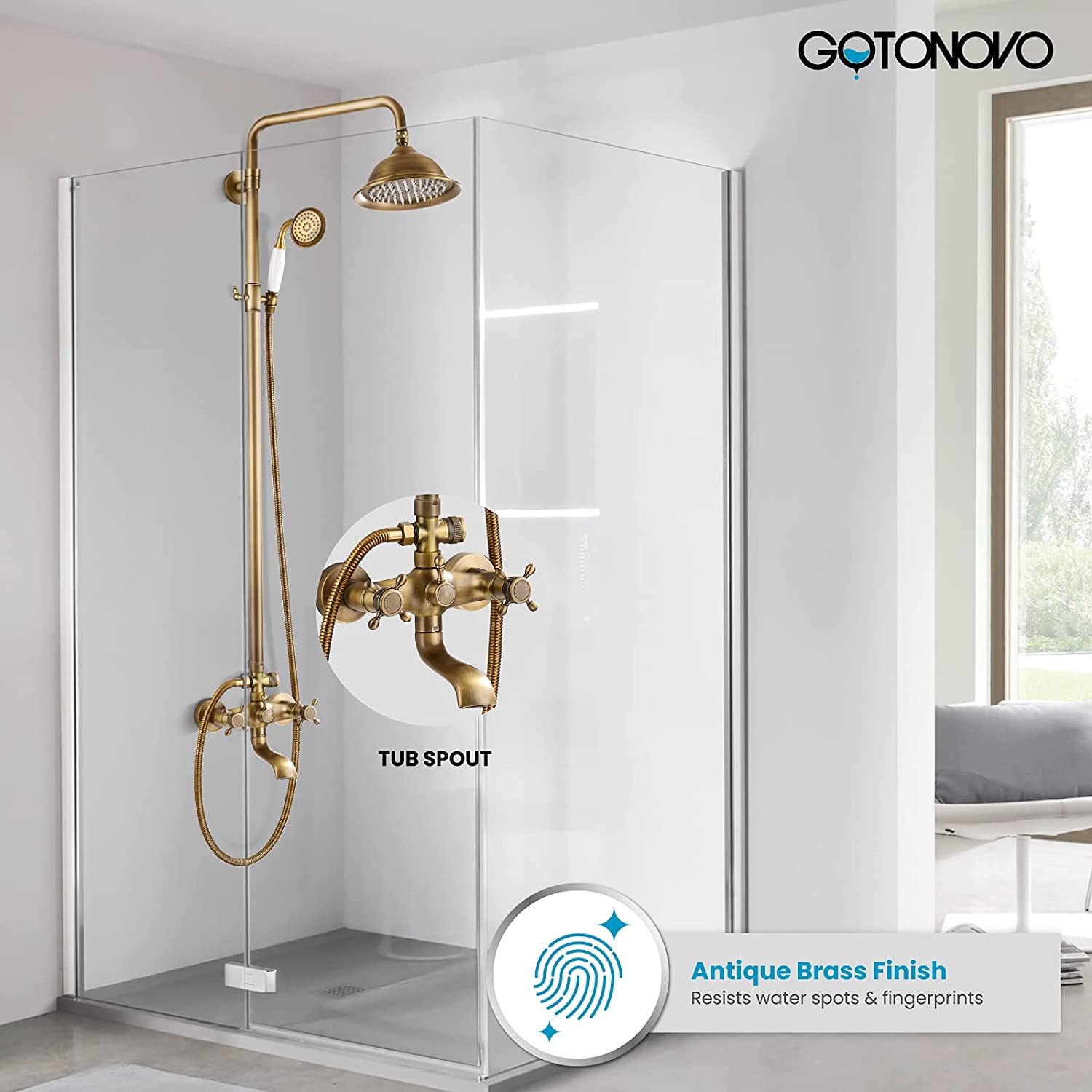 Cordoba Antique Brass Wall Mount 8 Inch Rain Shower Head With Handheld  Shower and Commodity Shelf