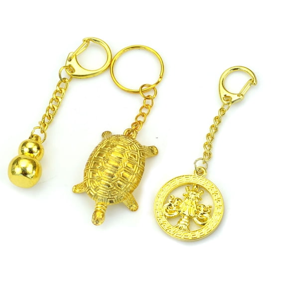 Feng Shui Goldtone Keychain 3 Sets - Good Luck Gourd Wu Lu, Longevity Turtle, Victory Banner amulets – Brings Long Life, Power, Prosperity and Protection