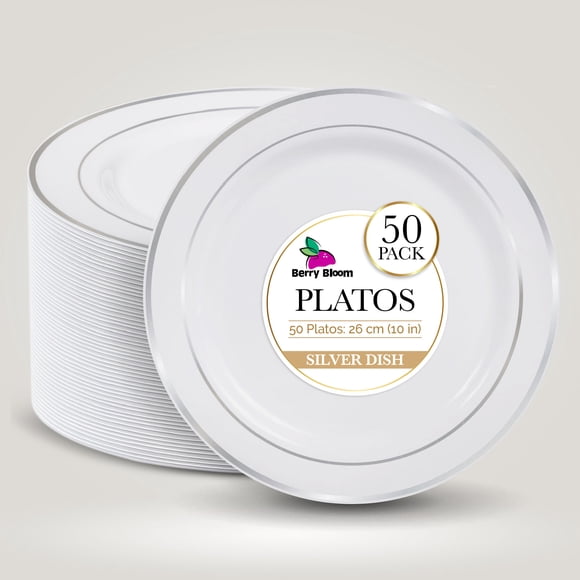 50 Platos de Plástico Rígido 26 cm (10.25") - Color Blanco con Borde Plateado - Set de 50 Piezas para Eventos y Banquetes Berry Bloom