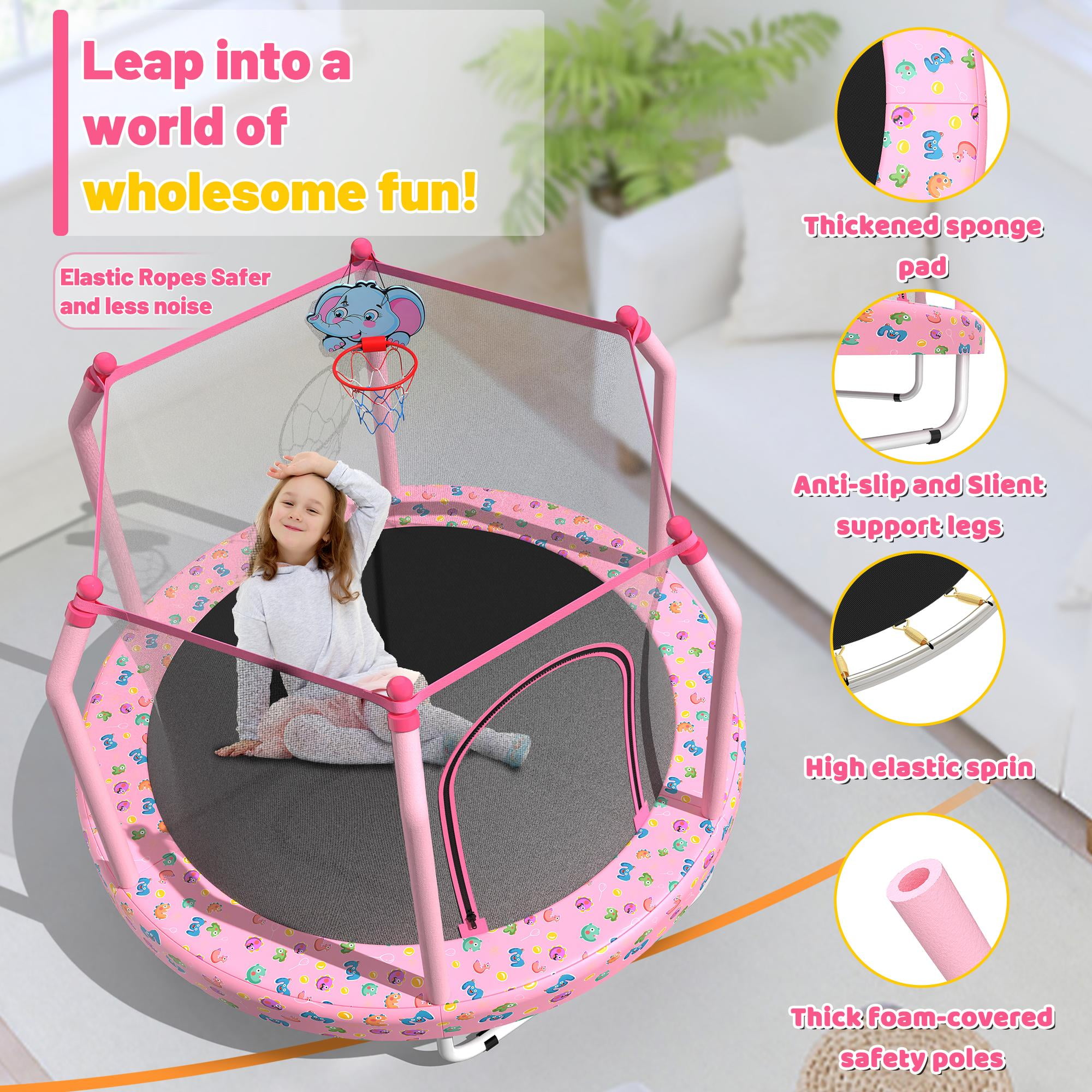 Toddler Trampoline with Net, 55’’ Round Kids Mini Trampoline for Indoor Outdoor Play, Small Trampoline for Baby with Basketball Hoop Kit, Pink