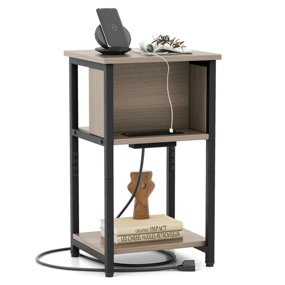 Finihen End Table, Nightstand, 3-Tier End Table with USB Ports & Power Outlets-1 Piece, Sofa Side Table, Bed Side Table, for Living Room, Bedroom, Gray & Black Finihen End Table, Nightstand, 3-Tier End Table with USB Ports & Power Outlets-1 Piece, Sofa Side Table, Bed Side Table, for Living Room, Bedroom, Gray & Black