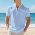 thumbnail image 2 of Men's Short Sleeve Linen Shirts Lightweight Button Henley Solid Tops with Pocket Summer Beach Vacation Casual Loose Tees Light Blue S, 2 of 8
