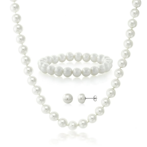 Gem Stone King Cultured Freshwater White Pearl Necklace Earrings and Bracelet Jewelry Set for Women | 925 Sterling Silver | Perfect Bridal Gift | Fine Jewelry Gifts for Her Mom Women Wife
