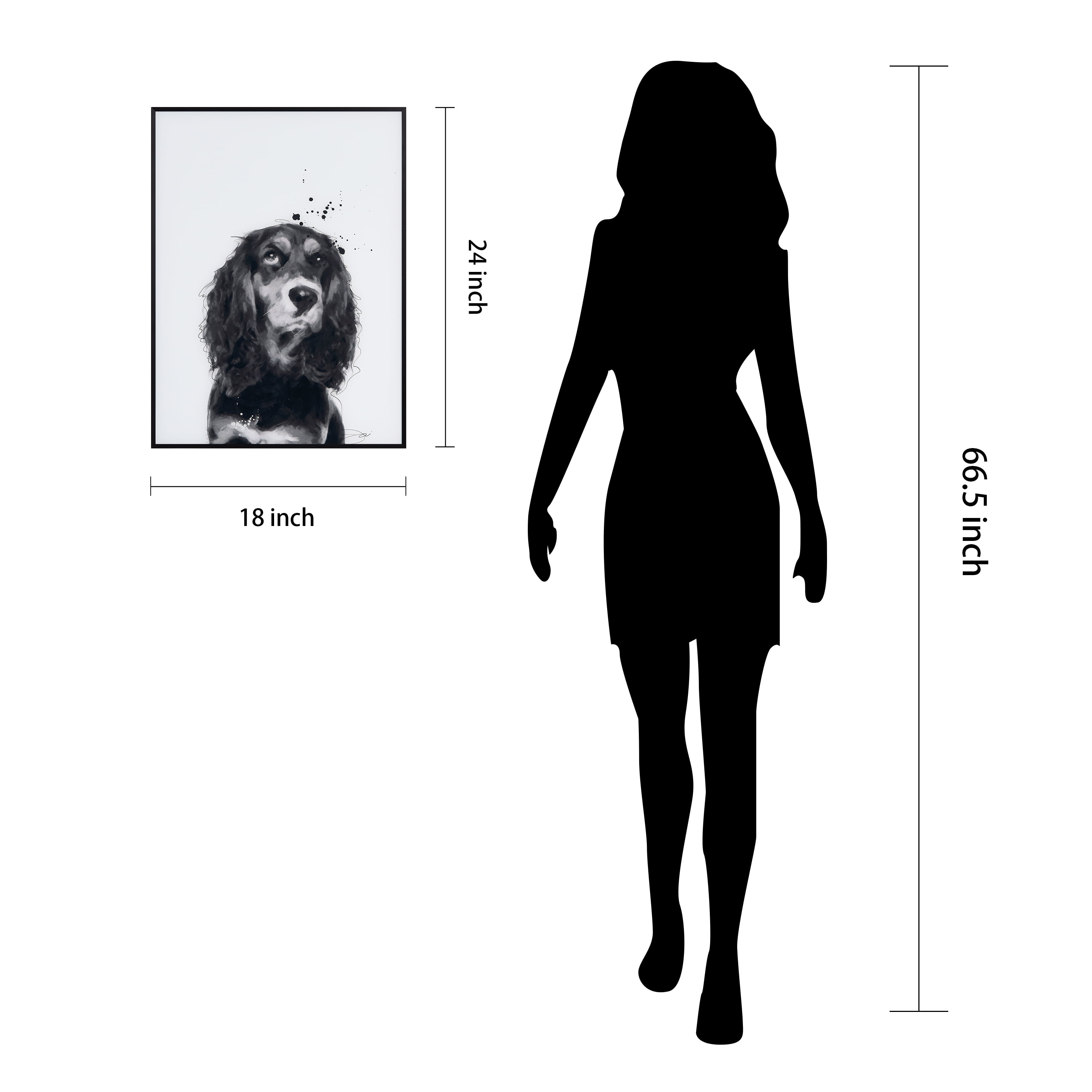 "Cocker Spaniel" Black and White Pet Portraits on Reverse Printed Art Glass, Minimally Encased on Black Anodized Aluminum Frame
