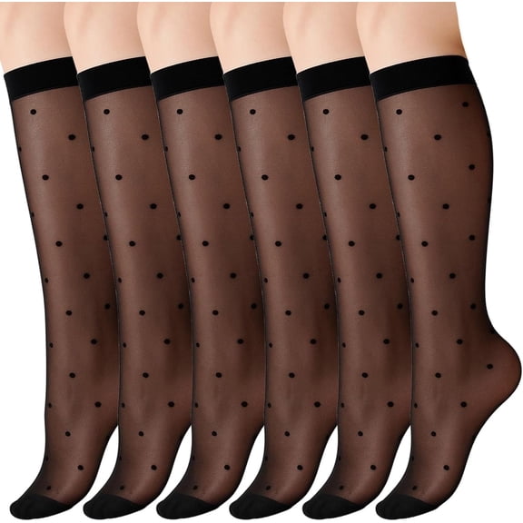 3 Pairs Women's Sheer Knee High Stockings, Black Dot Thin Socks, Stretchy Breathable Socks