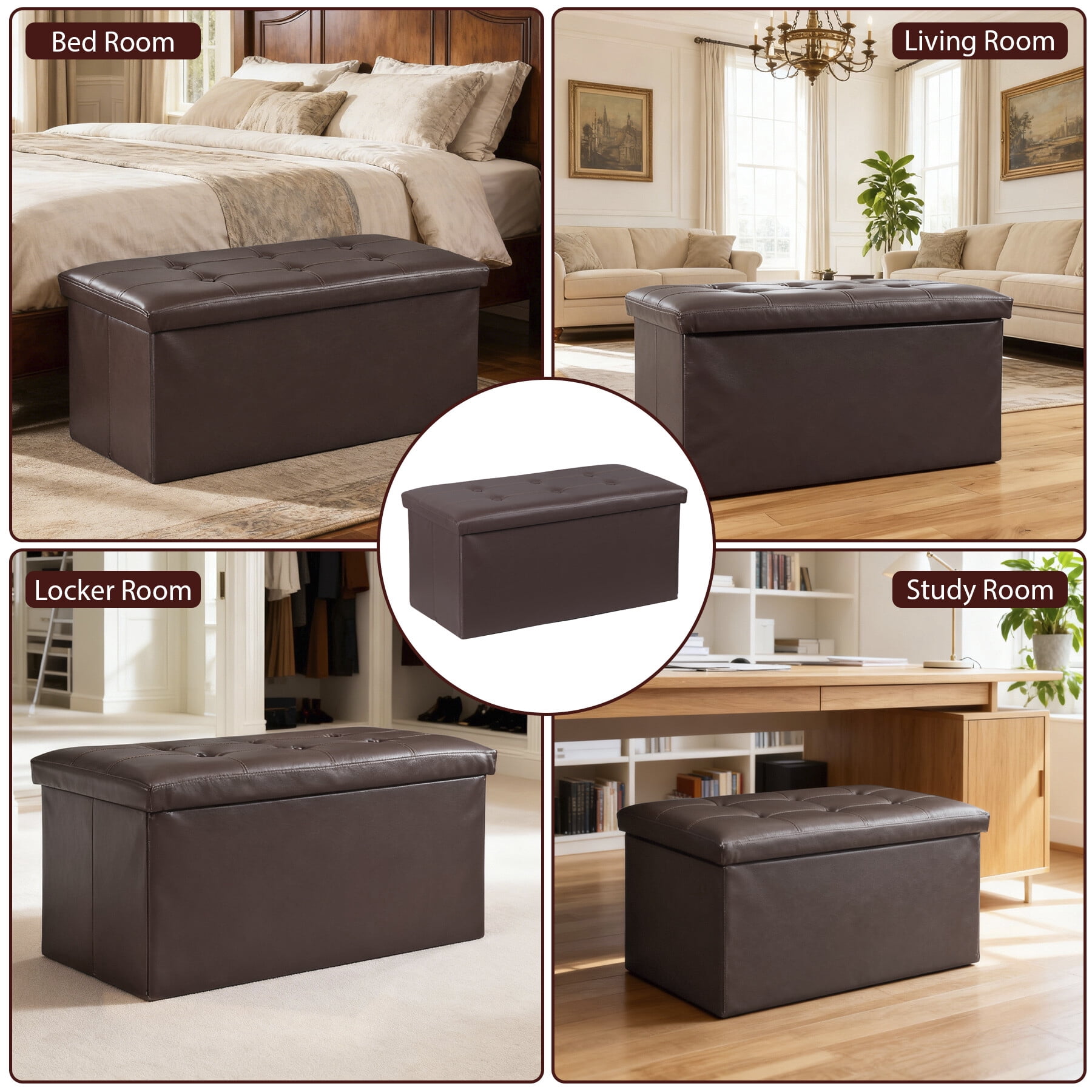 ZENY 30" Folding Storage Ottoman Bench Entryway MDF PVC Faux Leather Finish, Brown