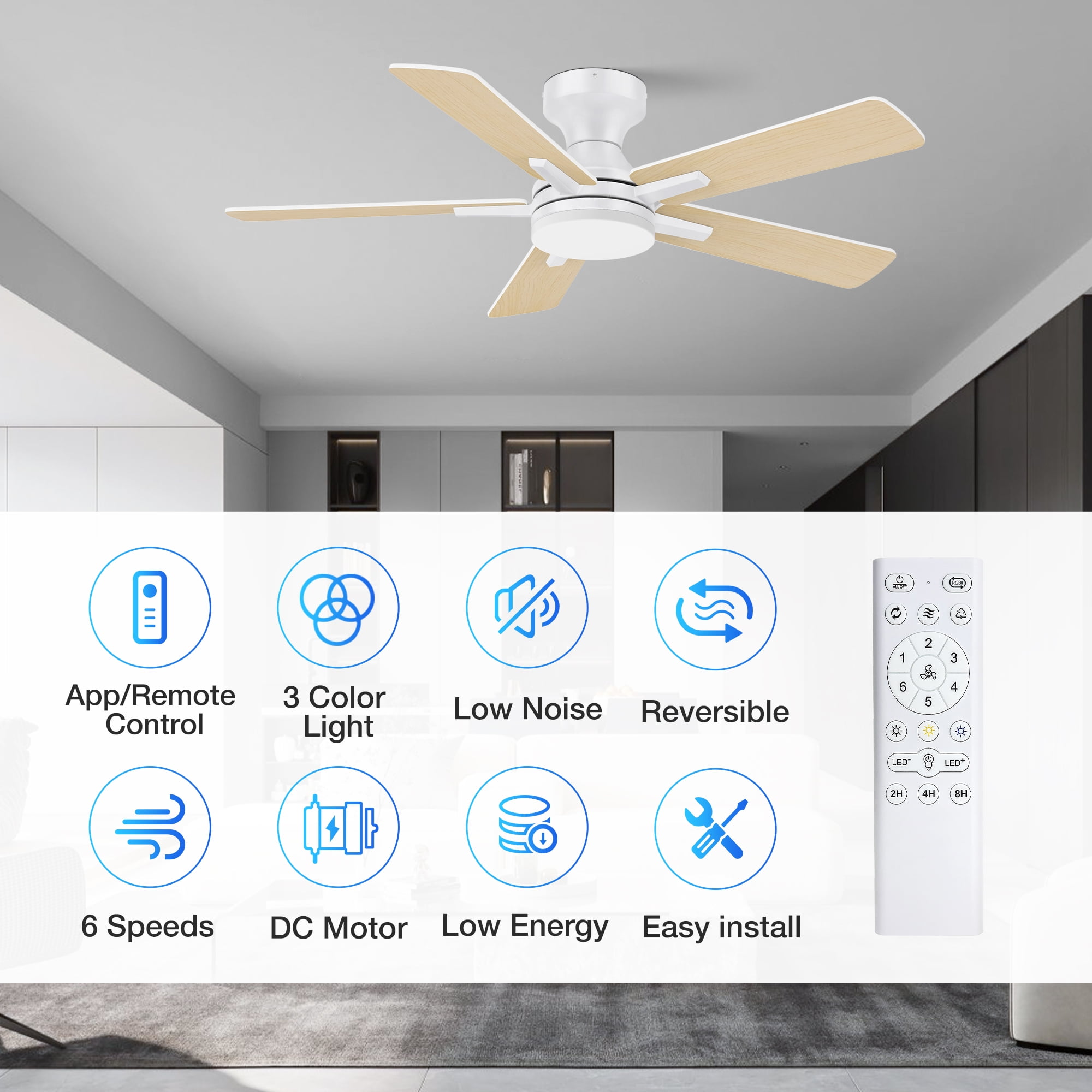 42” Smart Wood Flush Mount Ceiling Fans with Lights Remote,Quiet DC Motor,Outdoor Indoor Low Profile Ceiling Fan,Dimmable,6-speed,for Modern Bedroom Patio