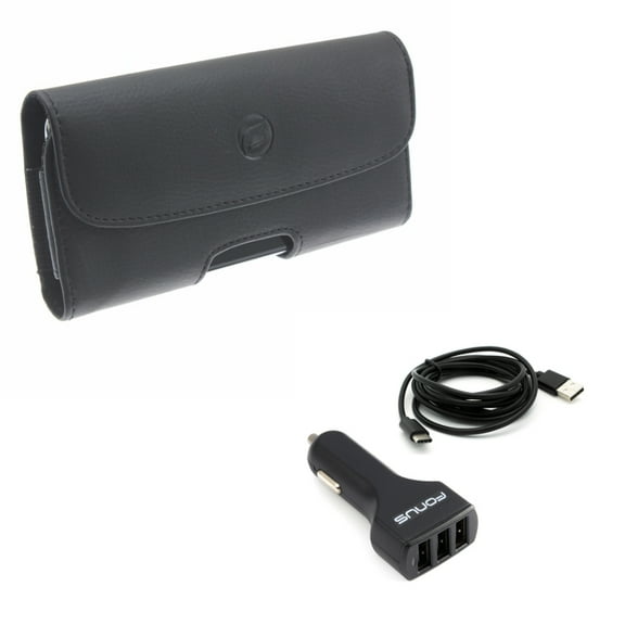 Compatible with Galaxy S10 - Black Leather Phone Case w 36W Rapid 4.8Amp 3-Port USB Car Charger 6ft Type-C Cable J5D for Samsung Galaxy S10