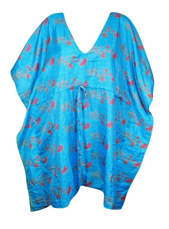 Mogul Women's Caftan Dress, Blue Print Recycled Sari Lounger Summer Kaftan M-XL