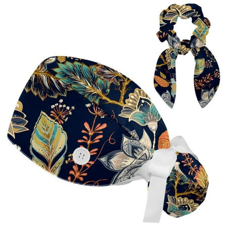 

Working Cap with Buttons and Sweatband Scrub Hat Bouffant Caps with Scrunchie Colorful Floral Flowers Tie Back Hats