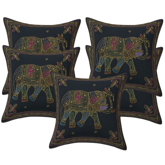 Stylo Culture Indian Sofa Throw Pillow Covers 16 x 16 Zari Embroidered Black Ethnic 40cm x 40cm Home Decor Cotton Elephant Square Cushion Covers | Set Of 5