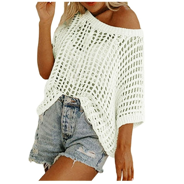 T-shirt d'Été en Crochet pour Femmes, Hauts Décontractés à Manches Courtes, Col Roulé, Manches Longues, chandail-Over Ajouré