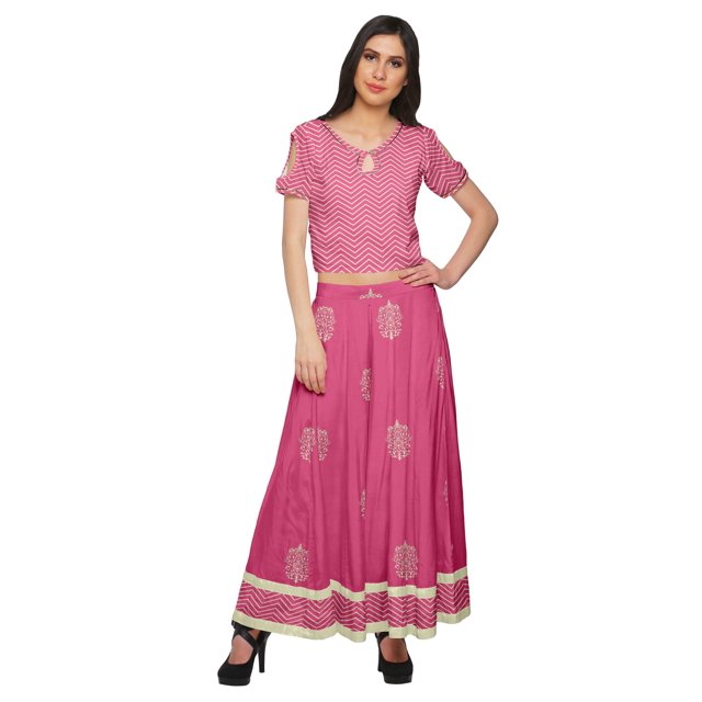 Moomaya Printed Cold Shoulder Keyhole Neck Crop Top And Palazzo Set Ethnic Wear