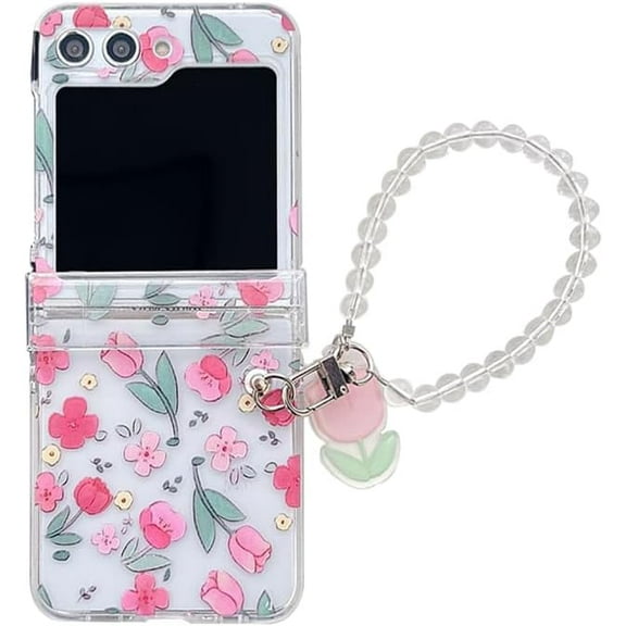 Woman Cute Floral Case for Galaxy Z Flip 5 with Hinge Protector, Clear Girls Case for Samsung Galaxy Z Flip 5 Red Flower Print, Kawaii Strap Case for Z Flip 5 (Red Flower)