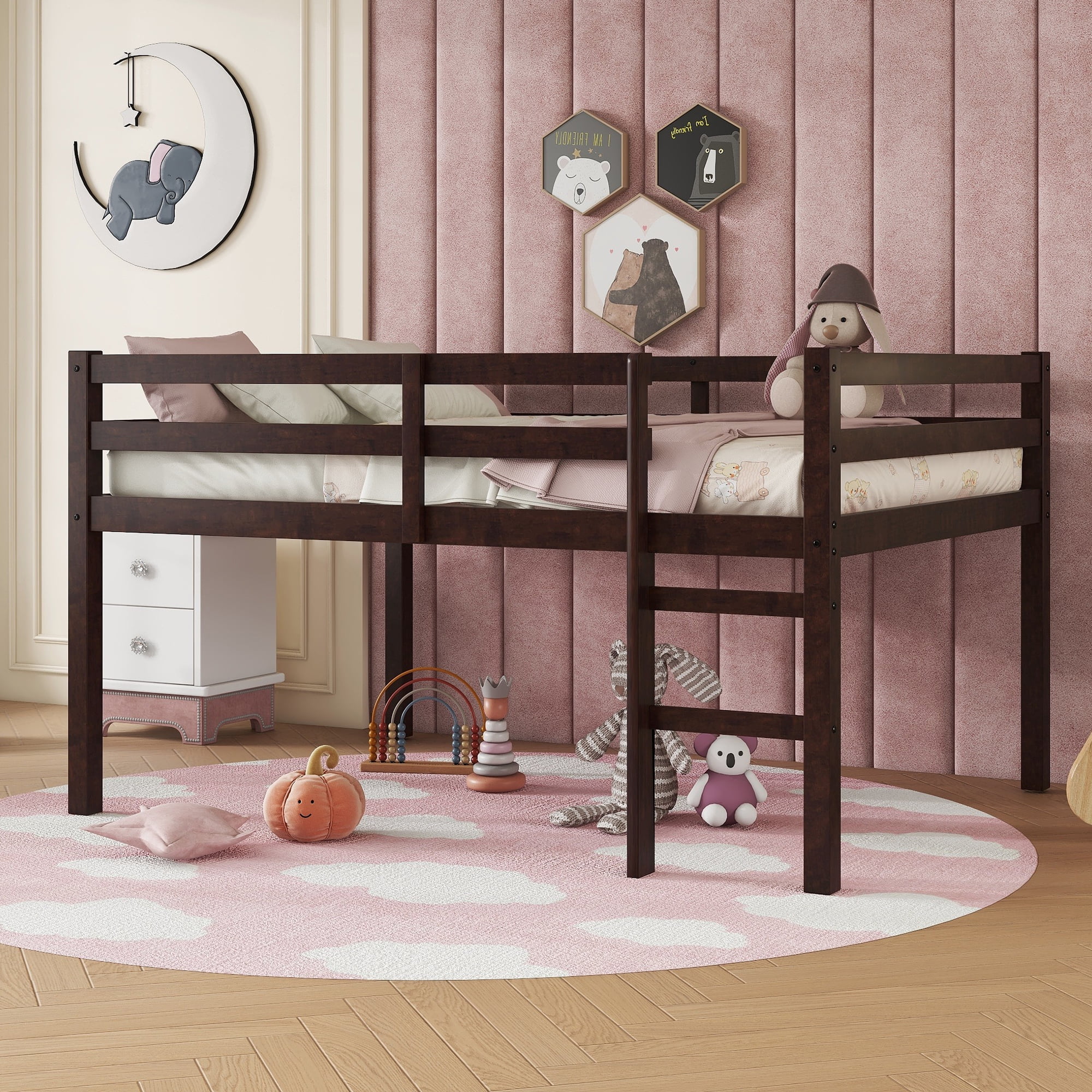 Sailvan Full Rubber Wood Loft Bed with Ladder