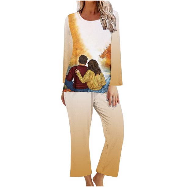 Puntoco Conjunto de pijama cómodo para mujer, conjunto de pijama con parte superior y pantalones casuales con estampado navideño para mujer