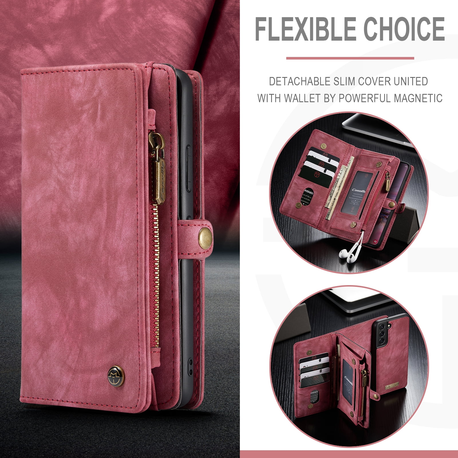 TECH CIRCLE Samsung Galaxy S22 Plus Case,Galaxy S22 Plus Wallet Case with Card Holder Kickstand Zipper Pocket Lanyard Strap Wristlet PU Leather Flip Case Wallet for Galaxy S22 Plus 6.6 inch,Red