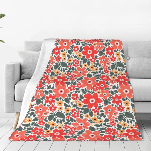Fotbe Small Coral Red Flowers Manta de Franela Acolchonada con Estampado, Súper Suave y Esponjosa, Extra Grande para Sofá, Cama, Uso Todo el Año-40"x30"