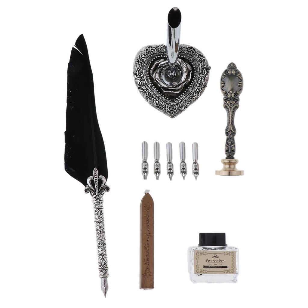GUOOL Quill Dip Pen Holder Nibs Sealing Wax Teacher , as described Black