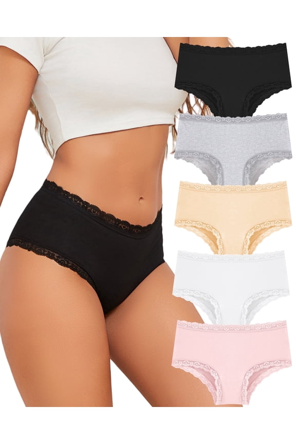 Cotton Underwear for Women Lace Edge Bikini Pack Cheeky Panties Brief 5 Pack S-XXL