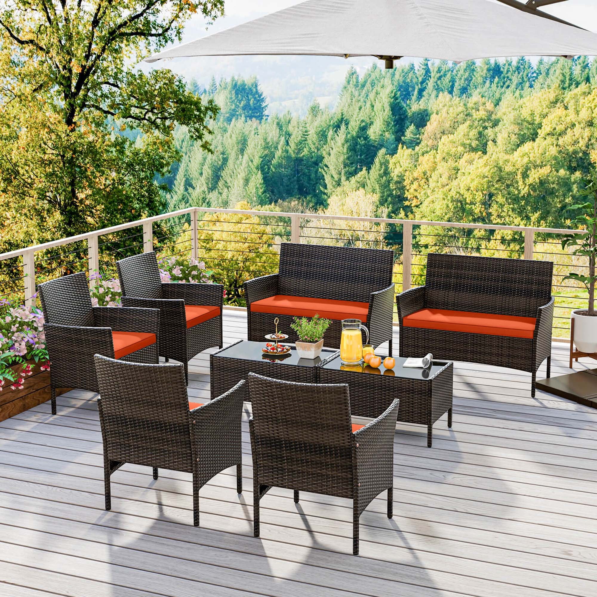 Costway 8 PCS Patio Furniture Set with Washable Cushions and Tempered Glass Coffee Table Orange
