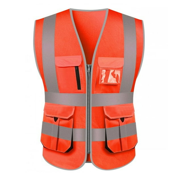 TOPTIE 10 Pockets High Visibility Safety Vest, Reflective Trim Safety Vest-Orange-M