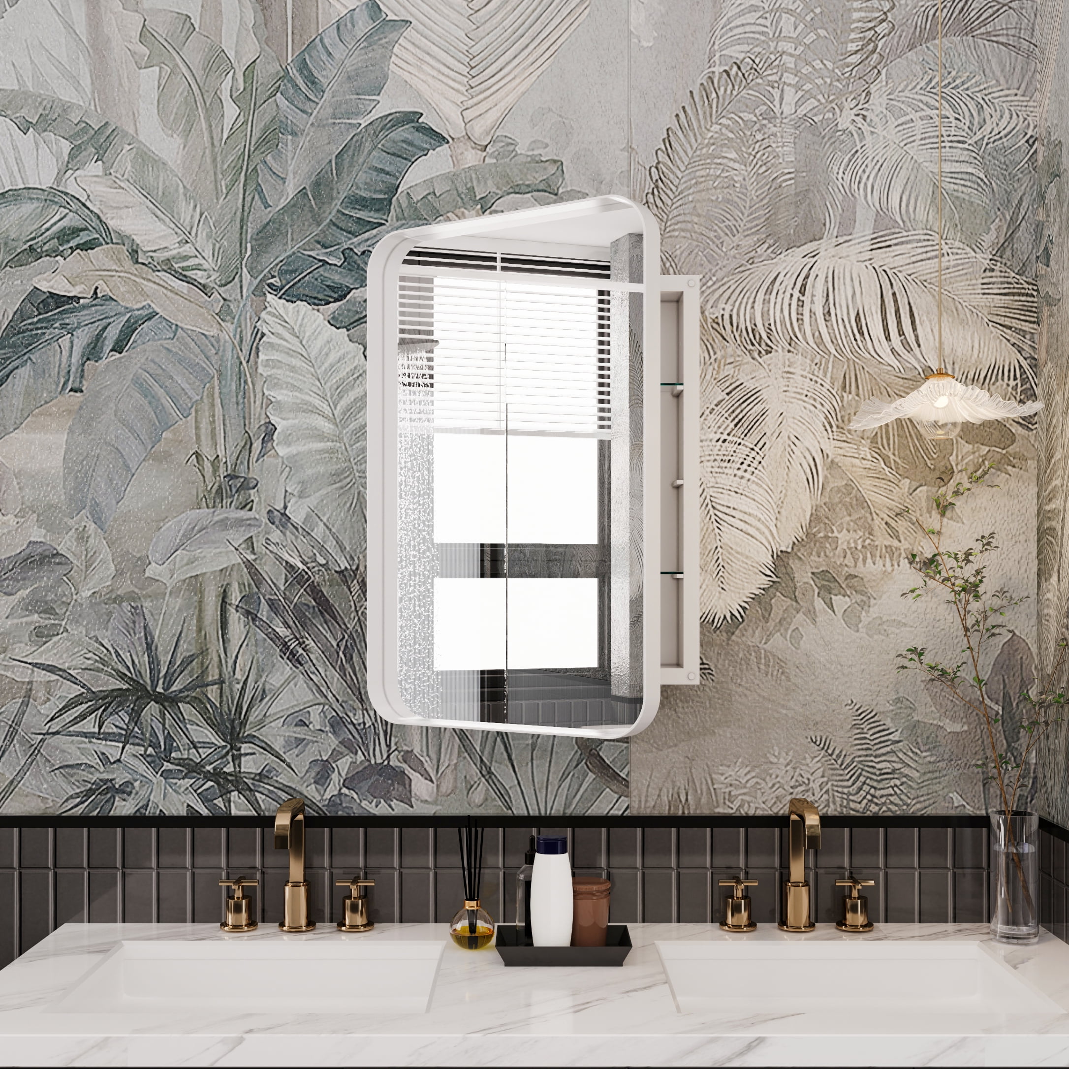 Bathroom Wall Storage Cabinet with Mirror Rectangle Stainless Steel Frame Medicine Cabinet White