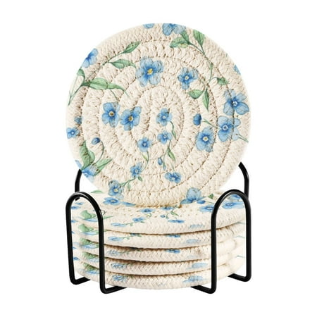 

6 Pcs Drink Coasters with Holder Absorbent Coasters Minimalist Home Decor Coaster Set Stylish Handmade Round Woven Coaster for Drinks Table Desk Protection Pastel Blue Leaves