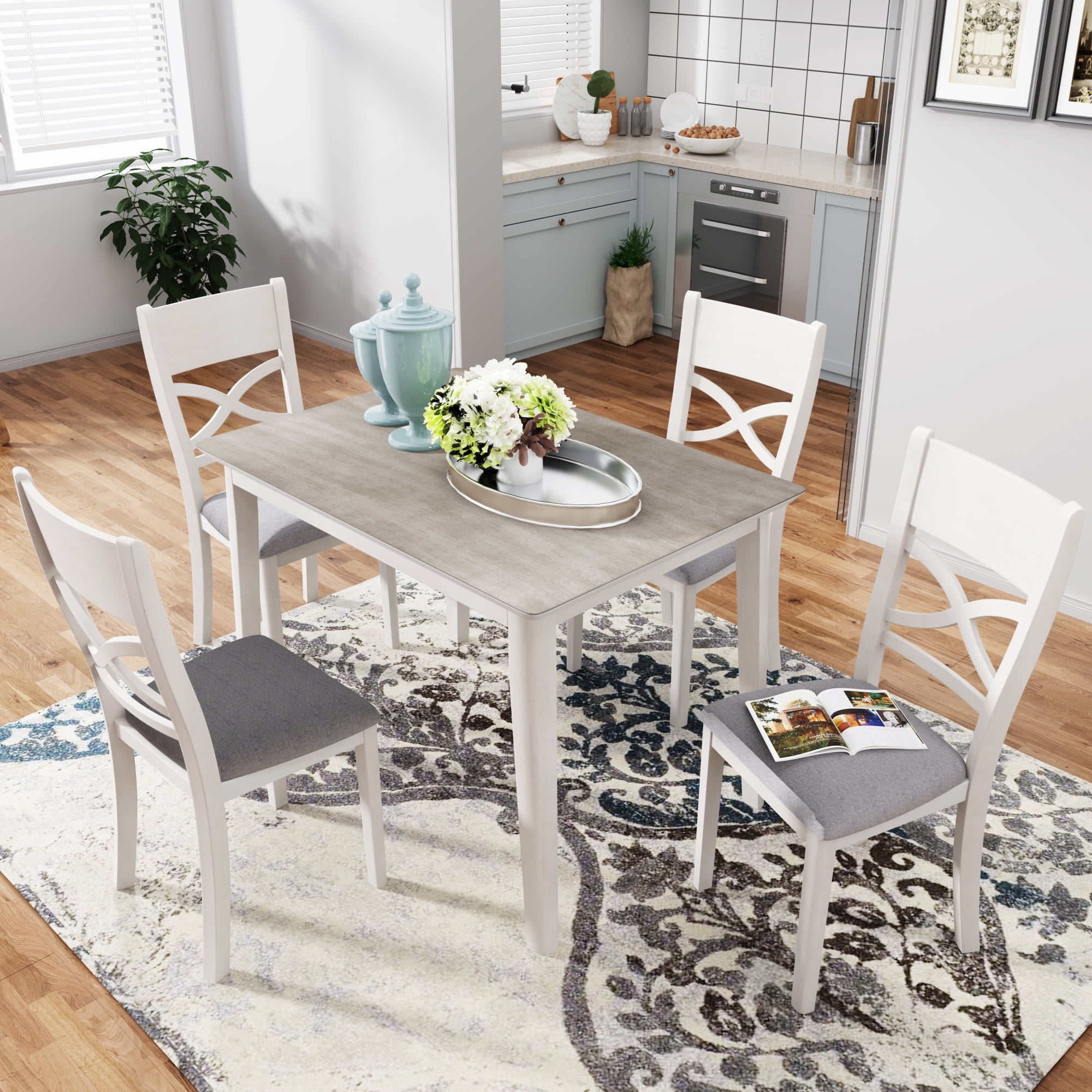Dining Table Set for 4, Wooden Rectangle Dining Table with 4 Padded ...
