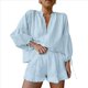 thumbnail image 3 of Conjunto de Dos Piezas para Mujer: Top de Larga con Lazo y Bóxer con Volantes Conjunto Informal A Juego Azul S, 3 of 9
