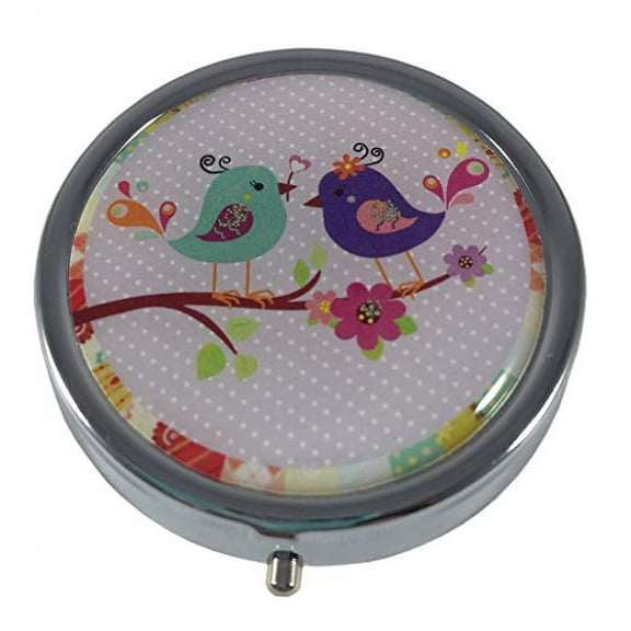 Pretty Little Purple Birds Silver Three Section Pocket Purse Travel Pill Box Case