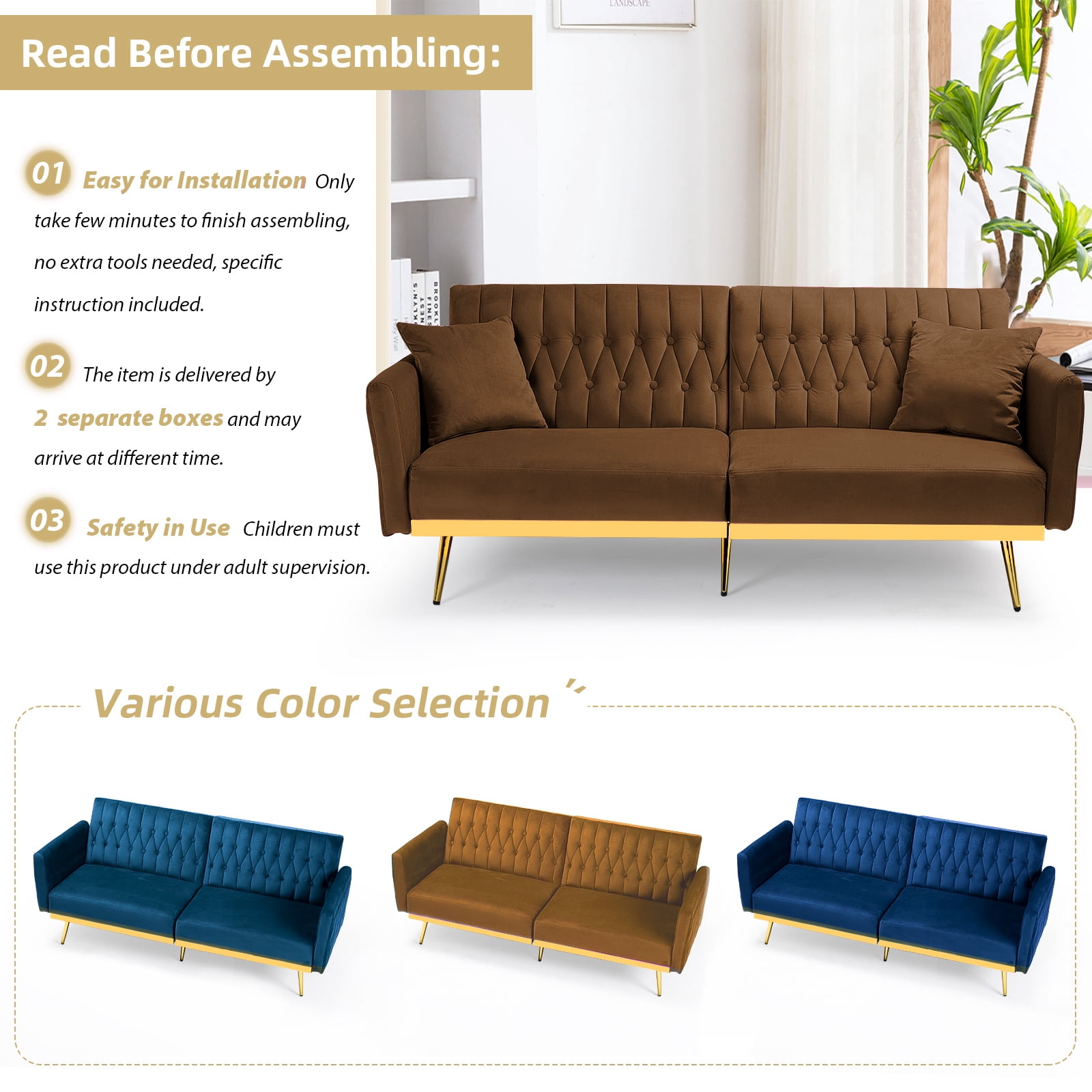 ACMEASE 70” Velvet Futon Sofa Bed with Adjustable Armrests and 2 Pillows, Convertible Futon Couch, Brown